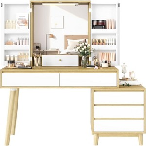 Vanity Desk Makeup Vanity with Large Mirror, 6 Storage Drawers, 3 Color Adjustable Lighting, Open Shelves, Brightness Control, Natural - 1 of 4