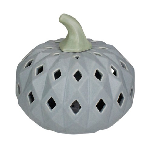 Northlight 5 Gray and Green Lighted Fall Harvest Ceramic Pumpkin