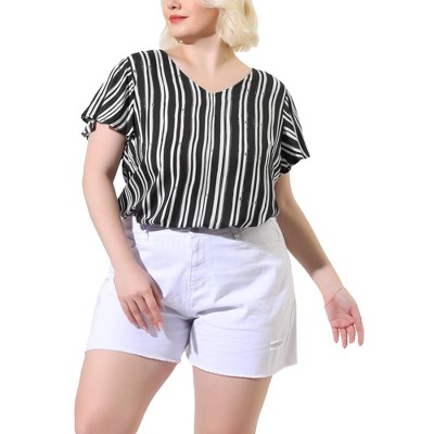 Agnes Orinda Women's Plus Size Cute Short Sleeve V Neck Casual Stripe Blouses