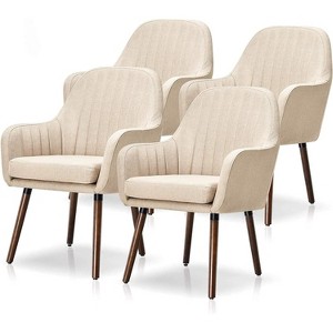Tangkula Modern Dining Chairs Set of 4 Upholstered Kitchen Chairs with Rubber Wood Legs Thick Sponge Seat Non-Slipping Pads Arm Accent Chairs Beige - 1 of 4
