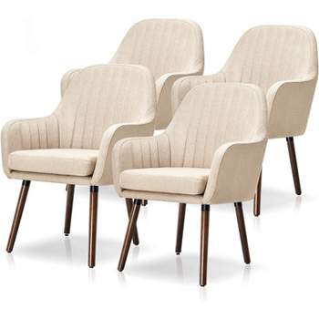 Tangkula Modern Dining Chairs Set of 4 Upholstered Kitchen Chairs with Rubber Wood Legs Thick Sponge Seat Non-Slipping Pads Arm Accent Chairs Beige
