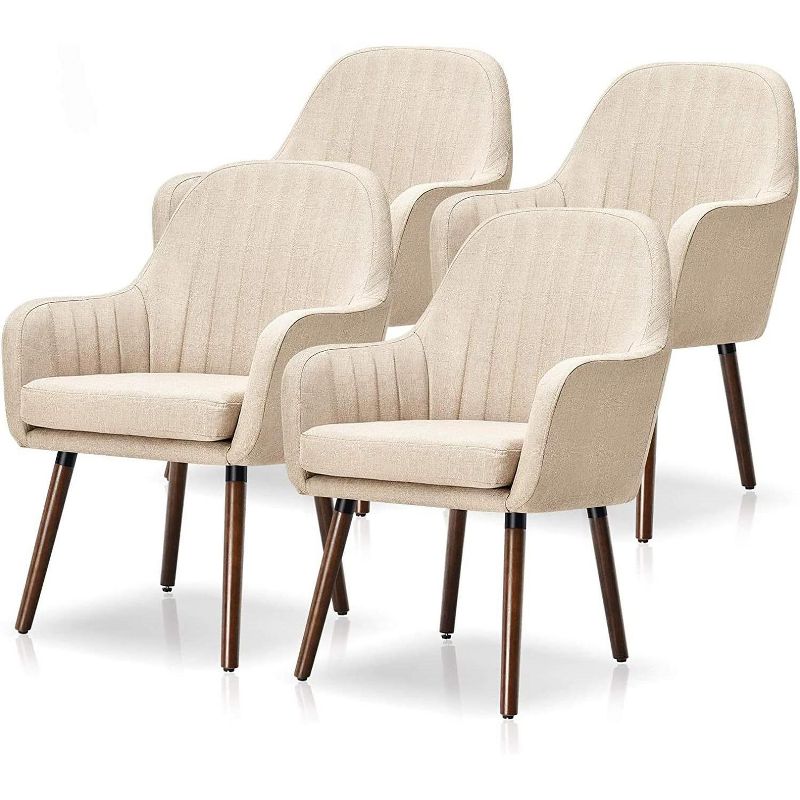 Tangkula Modern Dining Chairs Set of 4 Upholstered Kitchen Chairs with Rubber Wood Legs Thick Sponge Seat Non-Slipping Pads Arm Accent Chairs Beige, 1 of 9
