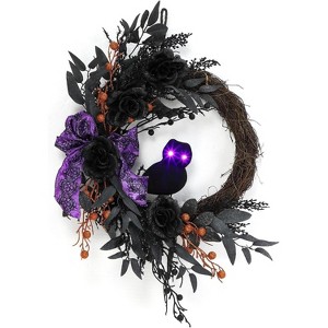 22"Halloween Wreaths for Front Door,Prelit Owl Wreath with Lighted Eyes Willow Leaves Ribbon Bow for Indoor Wall Window Fireplace Halloween Decor - 1 of 4