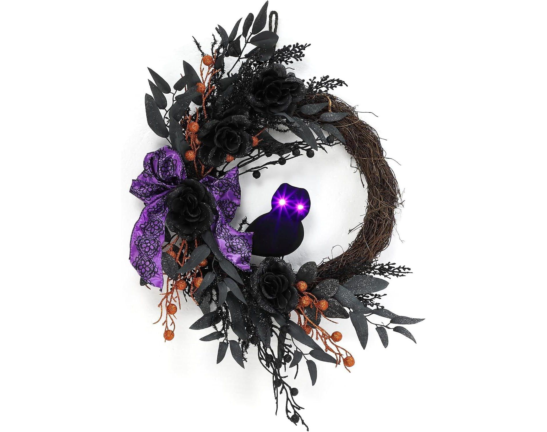 22"Halloween Wreaths for Front Door,Prelit Owl Wreath with Lighted Eyes Willow Leaves Ribbon Bow for Indoor Wall Window Fireplace Halloween Decor