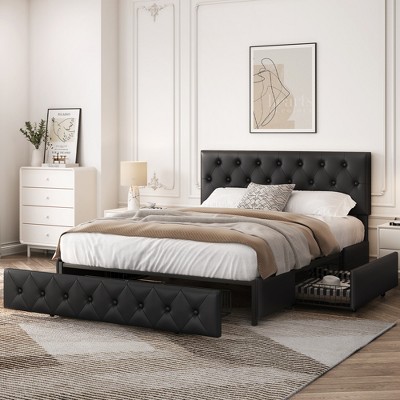 Yaheetech Upholstered Faux Leather Bed Frame with Adjustable Headboard
