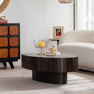 NicBex Modern Oval Handcrafted Relief Coffee Table for Living Room,Wooden Tea Table with Sturdy Pedestal,Accent Center Table