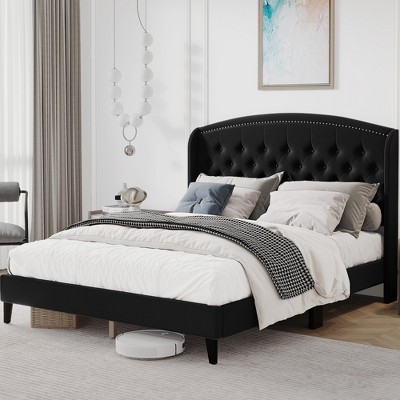 Bed Frame with Headboard – Upholstered Velvet Platform Bed, Rivet Button Tufted, Heavy Duty, No Box Spring