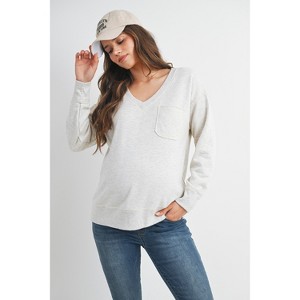 Hello Miz Women's V Neck Long Sleeve Front Pocket Maternity Sweatshirt Top - 1 of 4