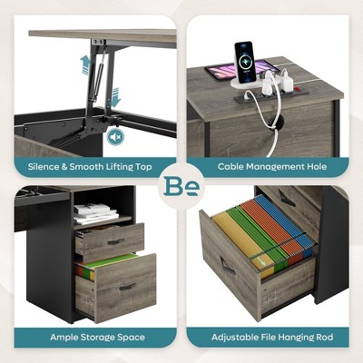 Retro Grey Oak Adjustable Height Standing Desk with Drawer and Power Outlet