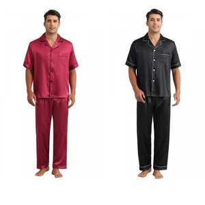 INSPIRE CHIC Men's 2 Pack Satin Pajamas Sets Classic Short Sleeve Sleepwear - 1 of 4