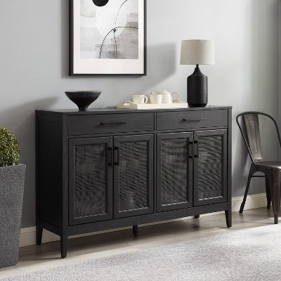 Black Woven Rattan and Wood Accent Cabinet with Tapered Legs