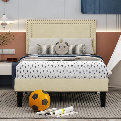 VECELO Upholstered Bed with Adjustable Headboard, Bed Frame