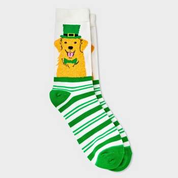 Women's Golden Retriever Leprechaun St. Patrick's Day Crew Socks - Ivory/Green 4-10