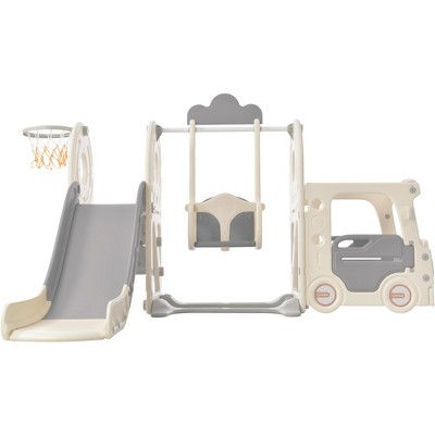 Kids slide set with bus play structure, independent climbing slide toy set and basketball hoop, suitable for boys and girls birthday gifts