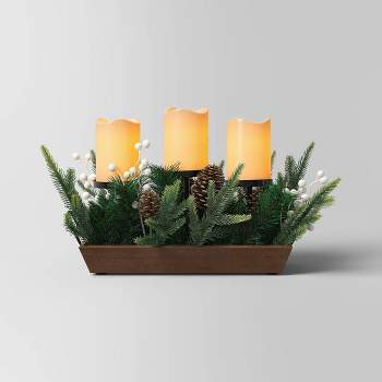 Battery Operated Flameless Pillar Candle and Black Candle Holder in Wood Tray with Faux Christmas Greenery - Wondershop™