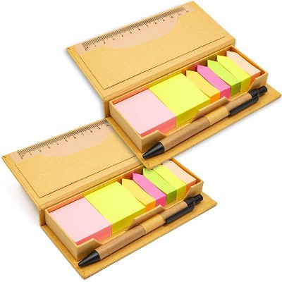 Paper Junkie 2 Pack Bright Colored Sticky Note Pad Set with Pen and Ruler for School Office Home