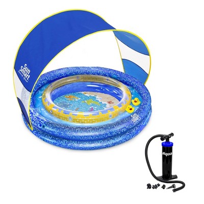 Aqua Leisure Sun Smart AZP15225 SunSmart Lazy River Kiddie Pool with 50 UPF Sun Shade & Dual Action Hand Pump with 4 Nozzle Adapters Attachments