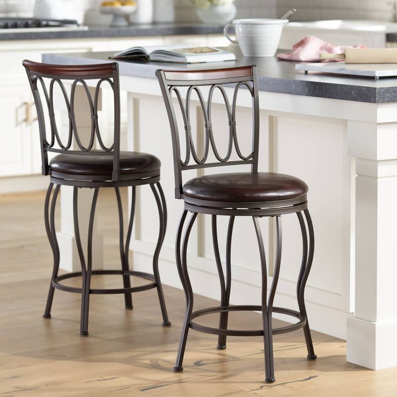 Elm Lane Bronze Metal Swivel Bar Stools Set of 2 Brown 24" High Traditional with Backrest Footrest for Kitchen Counter Island Home, 2 of 10