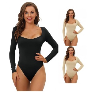 Allegra K Women's Long Sleeve Slim Fit Stretchy Square Neck Leotard Jumpsuit 3 Packs - 1 of 4