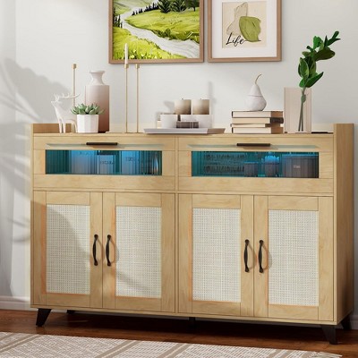 Whizmax Sideboard Buffet Cabinet With Power Outlet & LED Light, Kitchen Storage Cabinet With 2 Fluted Drawers & 4 Rattan Doors,for Kitchen,Dining Room