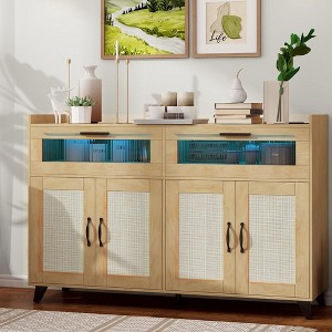 Whizmax Sideboard Buffet Cabinet With Power Outlet & LED Light, Kitchen Storage Cabinet With 2 Fluted Drawers & 4 Rattan Doors,for Kitchen,Dining Room - 1 of 4