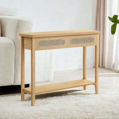 Oak Beige Particle Board Console Table with Storage Drawers