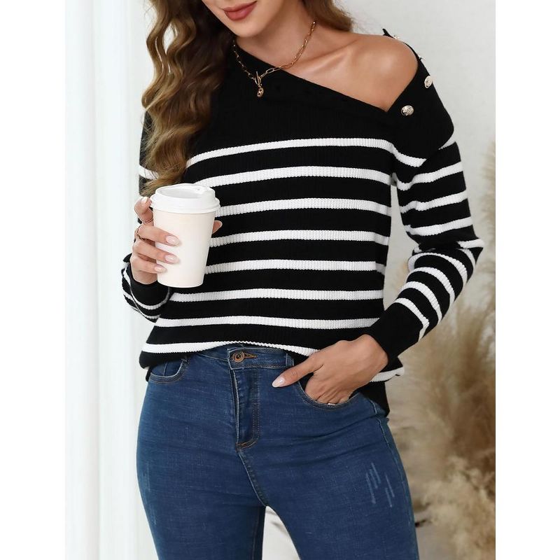 Whizmax Striped Long Sleeve Crew Neck Ribbed Knit Side Slit Oversized Pullover Sweater Jumper Top, 3 of 7