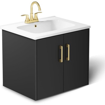 phiestina 24" Black Floating Bathroom Vanity, Fully Pre-Assembled with Ceramic Sink, 2 Soft Close Doors, Faucet Not Included