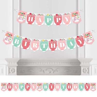 Big Dot of Happiness Floral Let's Par-Tea - Garden Tea Party Birthday Party Bunting Banner - Birthday Party Decorations - Happy Birthday