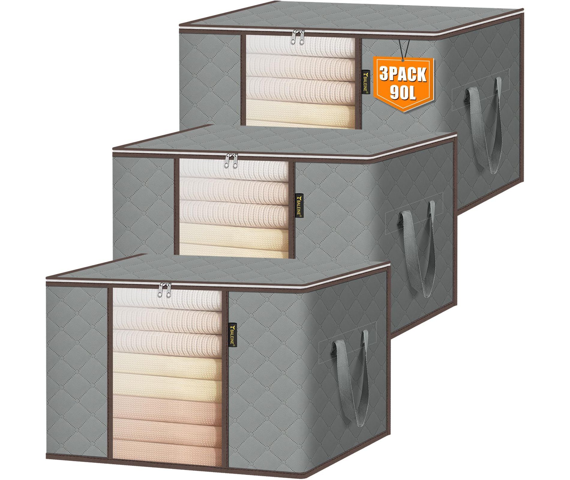 HOMLUX 3-Pack Foldable Clothes Storage Bags with Reinforced Handle & Sturdy Zipper,Gray