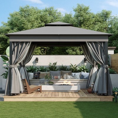 VYNXARIA 10*12 Outdoor Gazebo Tent with Double Roofs,Patio Gazebo with Mosquito Netting and Privacy Screens,Gray