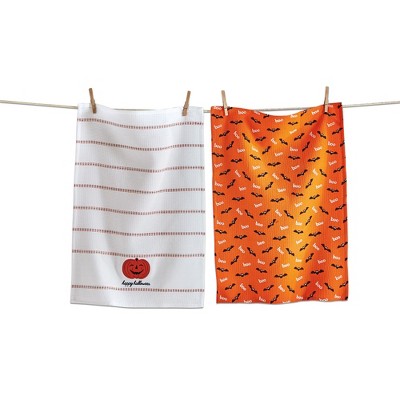 tagltd Happy Halloween White & Orange Jack O' Lantern Pumpkin 100% Cotton Waffle Weave Dishtowel Set Of 2