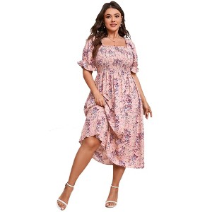 Clearlove Women's Plus Size Square Neck Puff Short Sleeve Self Tie Front A Line Dress - 1 of 4