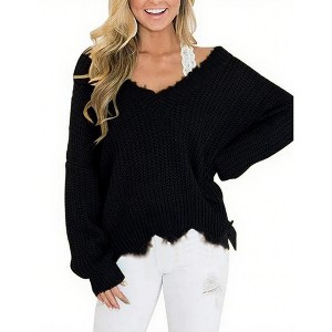 Women's V Neck Pullover Sweater Oversized Long Sleeve Loose Knit Top - 1 of 4