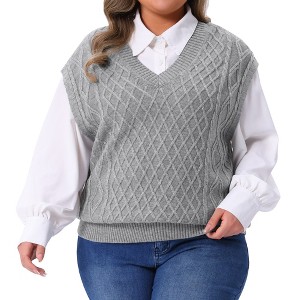 Women's Plus Size Ribbed Knit V Neck Sleeveless Solid Casual Stretch Sweater Vest - Agnes Orinda - 1 of 4