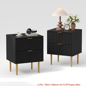 1/2 Pack Modern Nightstand with USB Charging Station, Gold & Wood Fluted Bedside Night Stand with 2 Drawers - 1 of 4
