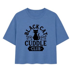 Women's Instant Message Black Cat Cuddle Club Boxy T-Shirt - Denim Blue ...