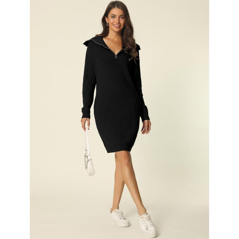 Seta T Women's Fall Winter Zipper V Neck Long Sleeve Slim Fit Casual Sweater Dress, 2 of 6