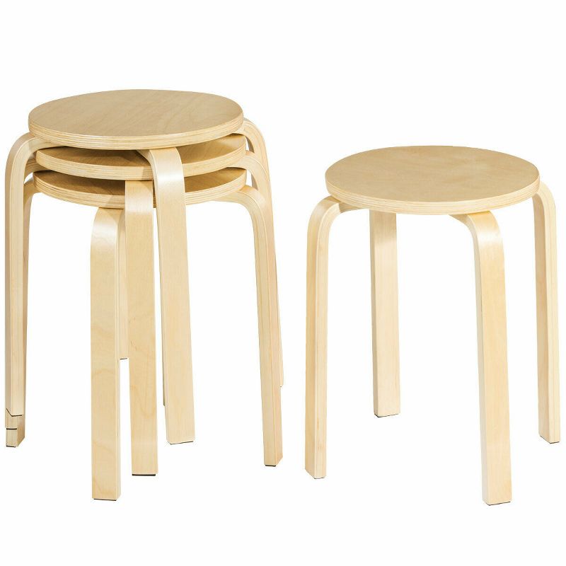 Set of 4 18" Stacking Stool Round Dining Chair Backless Wood Home Decor, 1 of 10