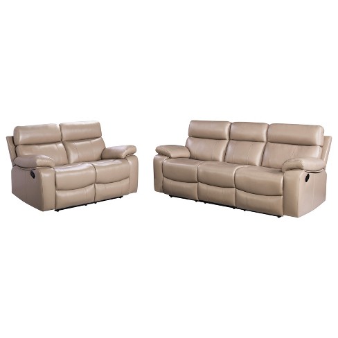 2pc Cameron Leather Reclining Sofa Loveseat Set Beige Abbyson Living