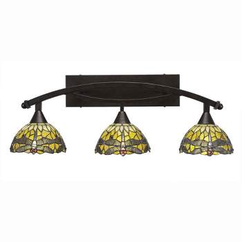 Toltec Lighting Bow 3 - Light Vanity in  Bronze with 7" Amber Dragonfly Art Glass Shade