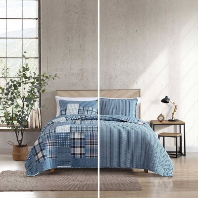 Hawthorne Blue Cotton Twin Reversible Quilt Set