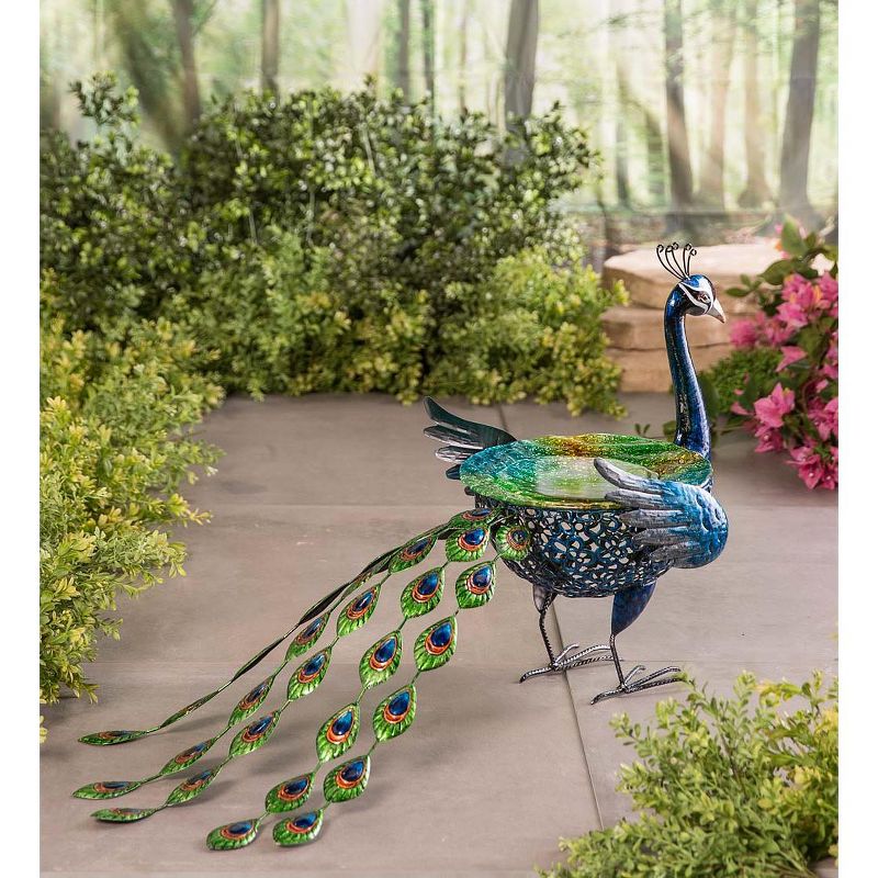 Wind & Weather Vibrant Metal Peacock Birdbath with Glass Bowl, 2 of 10