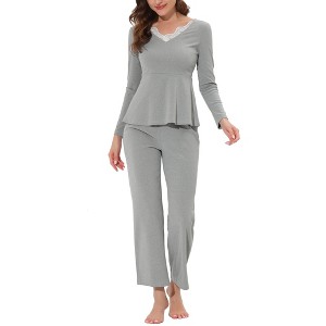 cheibear Women's Sleepwear Lounge Ribbed Knit Peplum Tops with Lace Long Sleeve Pajamas Set - 1 of 4