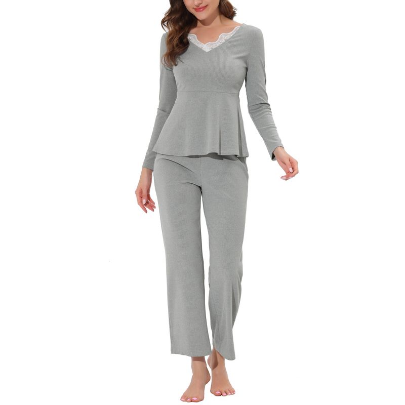 cheibear Women's Sleepwear Lounge Ribbed Knit Peplum Tops with Lace Long Sleeve Pajamas Set, 2 of 6