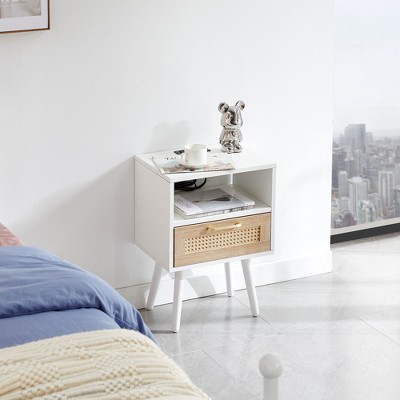 NicBex 15.75" Rattan End Table with Drawer and Solid Wood Legs, Modern Nightstand, Side Table for Living Room, Bedroom, Black