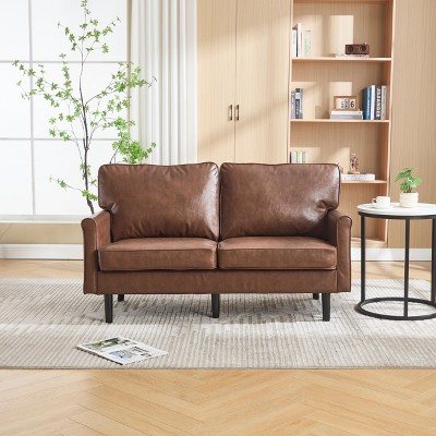 MOONMISS Mid Century 2 Seater Sofa PU and Boucle Couches for Living Room, Small Couch with USB & Removable Pillow Cover