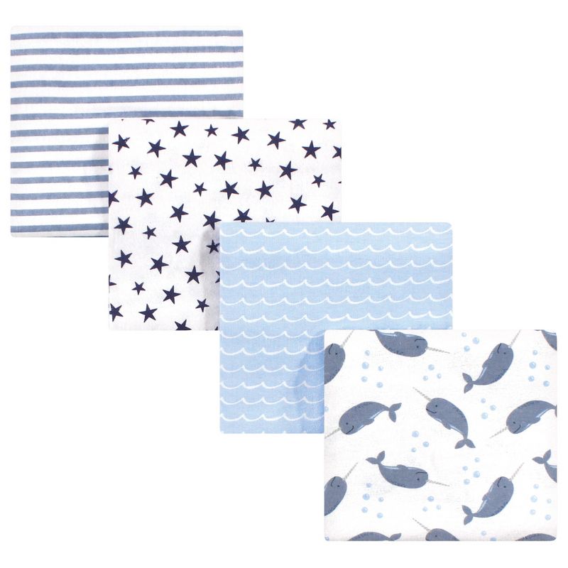 Hudson Baby Infant Boy Cotton Flannel Receiving Blankets, Narwhal, One Size, 1 of 4