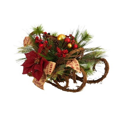 Winter Wonderland Poinsettia & Berries Tabletop Sleigh Arrangement