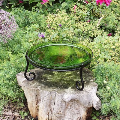 14-Inch Fern Green Crackle Glass Birdbath with Wrought Iron Stand